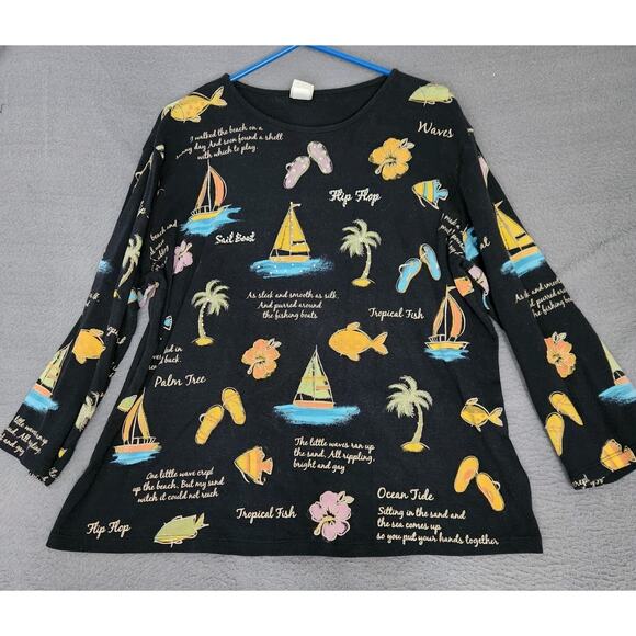 JESS & JANE Women XL Black Rhinestone Tropical‎ Beach Floral Vacation 3/4 Sleeve - Picture 1 of 6